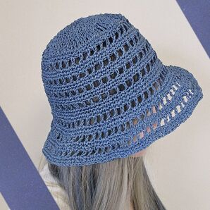 ハンドメイド メッシュ編み ハット 青 透かし編み 涼しげ