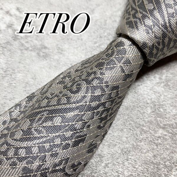【美品】 ETRO エトロ ネクタイ シルク ペイズリー柄 ジャガード織 シルバー系