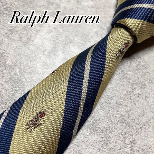 Ralph Lauren ラルフローレン ネクタイ ナロータイ シルク レジメンタル ストライプ ポニーロゴ ゴールド ネイビー