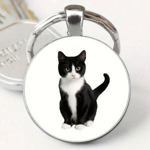 黒白猫 はちわれ ハチワレ 猫 ネコ ねこ キーホルダー キーリング 円形 丸型