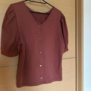 トップス ブラウス カットソー レッド系 パフスリーブ