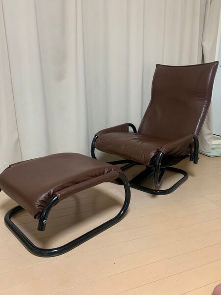 リクライニング 回転 シングルソファ 茶 革 オットマン