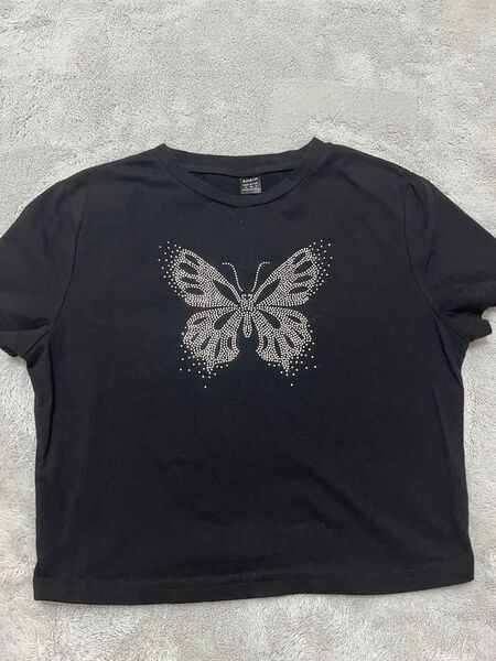 SHEIN ラインストーンバタフライクロップドTシャツ