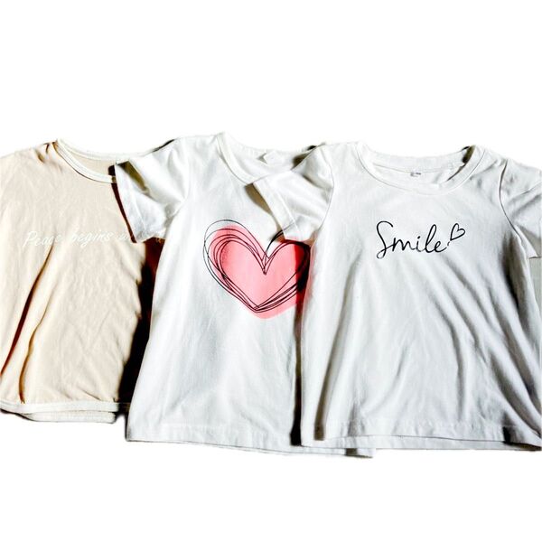 キッズ 半袖Tシャツ 白 ホワイト ハート スマイル ベージュ 110 3枚組 セット