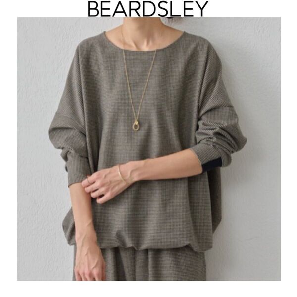 BEARDSLEY チェック起毛プルオーバー ベージュ ビアズリー 長袖 日本製 総柄 リブ バルーン カットソー トップス