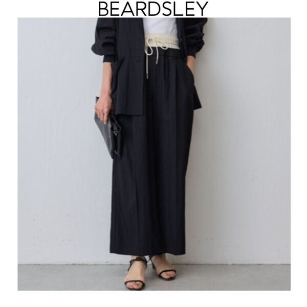 BEARDSLEY ダブルウエストパンツ ブラック ビアズリー 黒 センタープレス ワイドパンツ ウエストゴム ロング