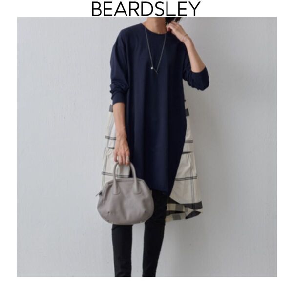 BEARDSLEY ビアズリー タフタビッグチェックワンピース ネイビー チュニック 長袖 コットン フレアー 紺 カットソー