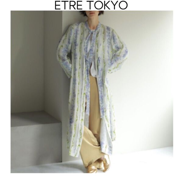 ETRE TOKYO フラワープリントガウン ブルー エトレトウキョウ リネン ウォッシャブル 長袖 ロングカーディガン