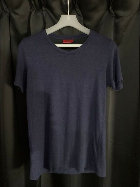 HUGOBOSS HUGO 半袖Tシャツ size S 麻混 ネイビー系 ヒューゴボス ヒューゴ ロゴプレート