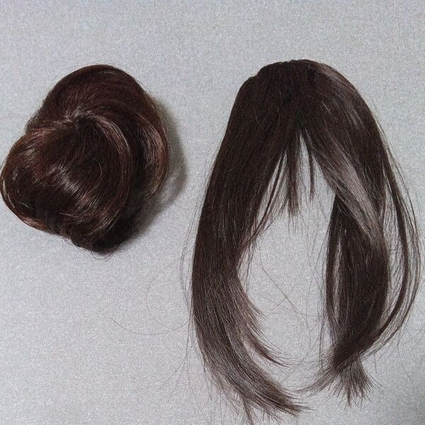 前髪ウィッグ お団子バレッタ 2個セット ブラウン ヘアアクセサリー