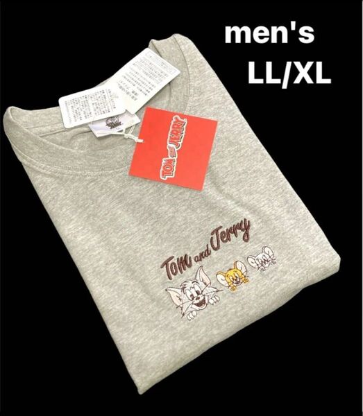 新品タグ付【Tom and Jerry トムとジェリー】刺繍入り コットンTシャツ/SIZE= XL LL/メンズTシャツ/グレー