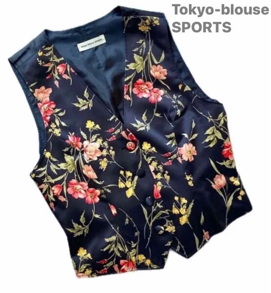 【Tokyo-blouse SPORTS/東京ブラウススポーツ】花柄♪お洒落 ベスト/ジレ/ボタニカル/光沢素材/美シルエット