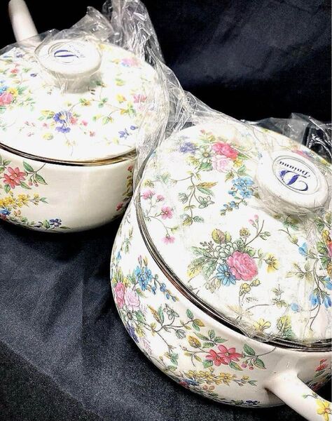 デッドストック【山博工業/Daiana/ダイアナ】ホーロー鍋 2つset/ボタニカル柄/花柄/琺瑯鍋/昭和レトロ/花柄鍋/ヤマヒロ