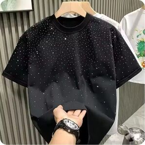 ユニセックスなメンズ半袖ラウドネックTシャツ、ラインストーン、韓国版【色】黒【サイズ】LL、XL(海外3L、XXL、体重75-85