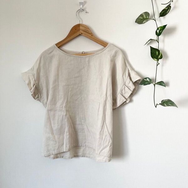 【美品】【ITEMS】アイテムズアーバンリサーチ フリル袖Tシャツ 麻 レーヨン クルーネック