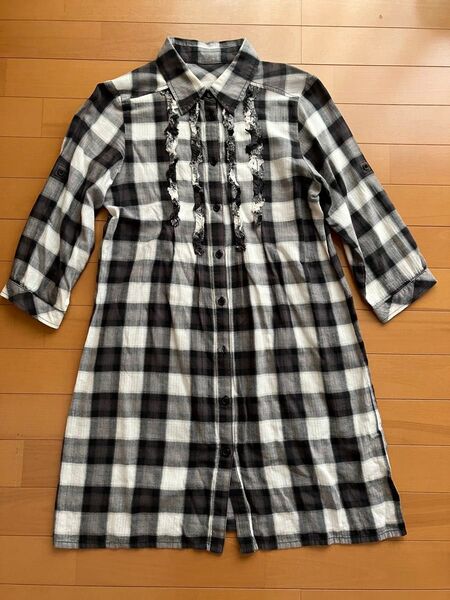 チェック柄シャツワンピース フリル 七分袖