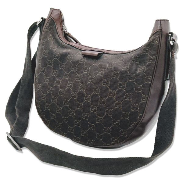 GUCCI グッチ ショルダーバッグ ジャガード ブラウン 三日月 ハーフムーン GG レザー