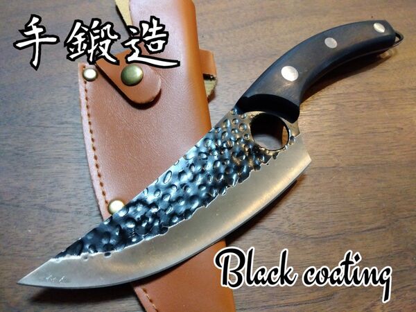 ★ステン手鍛造・スキナーナイフ/ブラックコート フルタング キャンプ 釣り 登山 狩猟 アウトドア ハンティング サバイバルナイフ