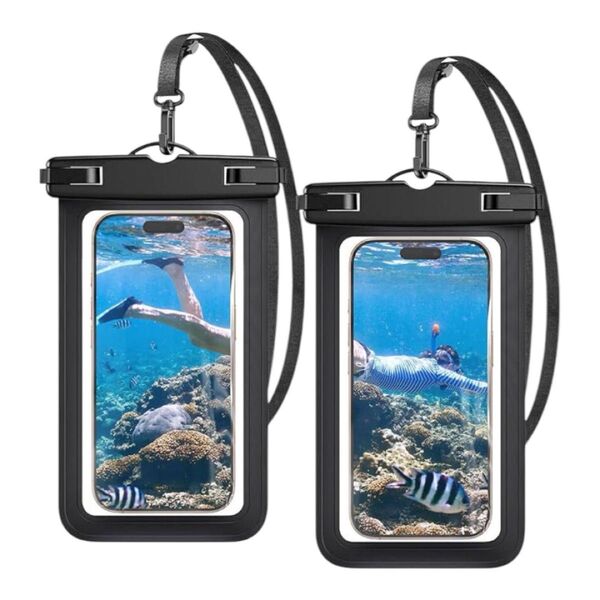 スマホ 防水ケース 2枚セット IPX8認定 ストラップ付き ブラック 黒