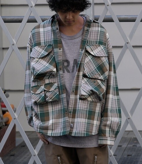 H7518 FIRST DOWN ファーストダウン VENTILATION L/S SHIRTS COTTON フランネルシャツ 長袖シャツ シャツジャケット グリーン M
