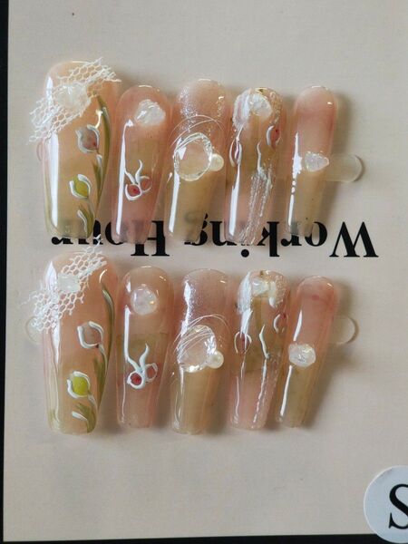ネイルチップ 10本セット Sサイズ ベージュ スワロフスキー風 ハンドメイド