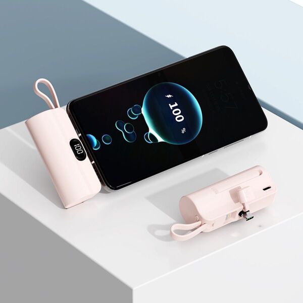 5000mAh モバイルバッテリー 小型 軽量 LED残量表示 コンパクト TYPE-C端子 ピンク