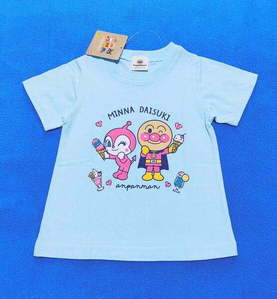 95cm 新品 アンパンマン 立ちアンパンドキン柄半袖Tシャツ ブルー