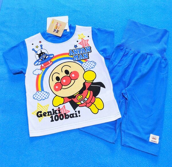 90cm 新品 アンパンマン さらさら梨地腹巻き付き半袖パジャマ ブルー