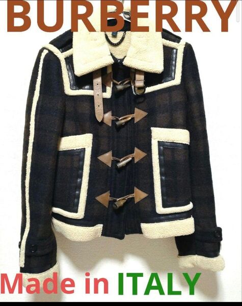 【美品】BURBERRY ムートン ダッフルコート アウター バーバリー ダッフルコート ウール グレー 黒 レザー ダッフル