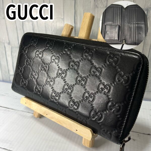 GUCCI グッチ GG柄 ラウンドファスナー カード多数 シマライン 長財布