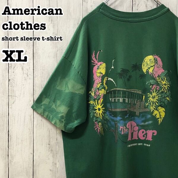 US アメリカ古着 フェード シングルステッチ カフェ 両面プリント 半袖Tシャツ XL