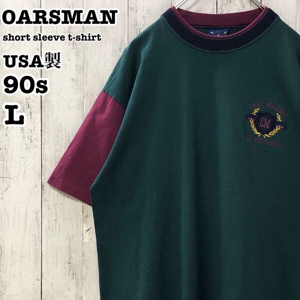 90s OARSMAN USA製 アメリカ古着 クレイジーパターン 刺繍ロゴ 半袖Tシャツ L