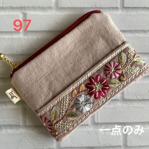 hand made インド刺繍リボン付きフラットミニミニポーチ97(アッシュローズ)
