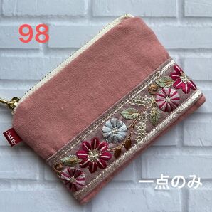 hand made インド刺繍リボン付きフラットミニミニポーチ98(ローズ)