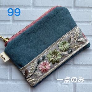 hand made インド刺繍リボン付きフラットミニミニポーチ99(ブルーストーン)