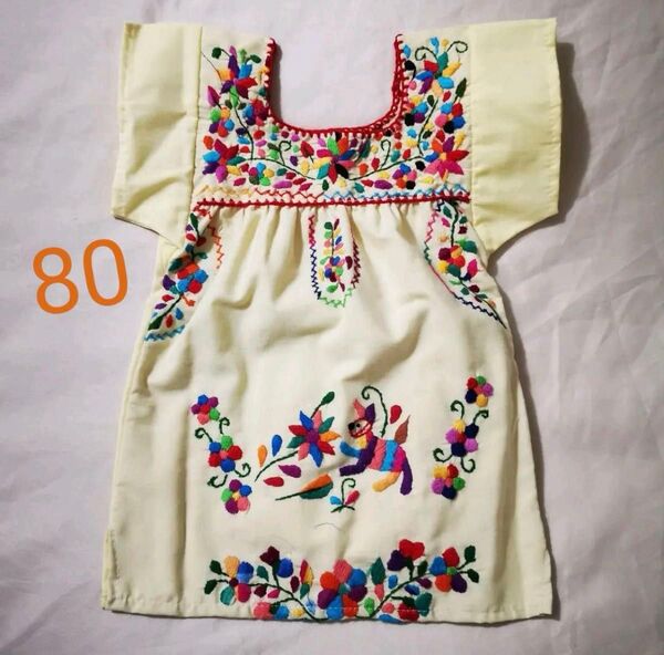 80~85cm女の子用 手刺繍 コットン100% オーガニック マンタ生地 ワンピース