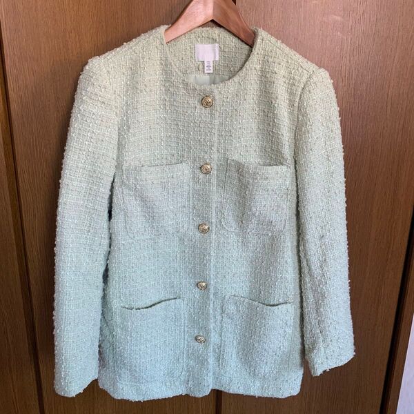 【美品】H&Mノーカラージャケット ツイード ミントグリーン M