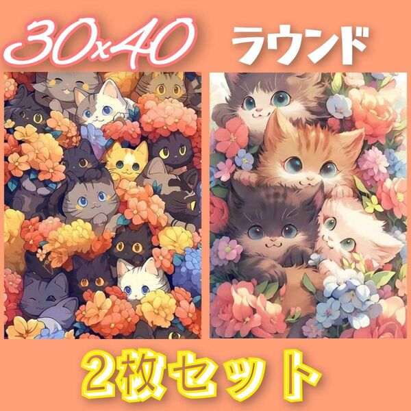 12591260 ダイヤモンドアート 猫 ネコ ダイヤモンドアートキット ラウンド 2枚セット
