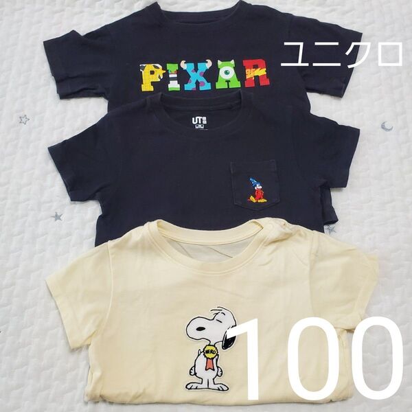 ユニクロ Tシャツ 半袖 半袖Tシャツ 綿100 黒 ピクサー ミッキー スヌーピー 100cm
