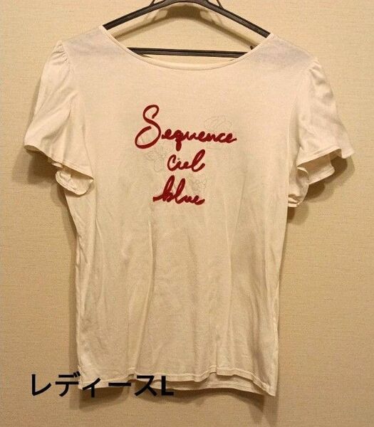 【レディースL】Tシャツ 袖フリル 綿100% クチュールブローチ