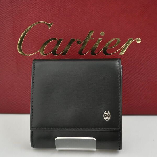 【未使用に近い】Cartier マストライン カーフ ドゥーブルCロゴ 小銭入れ ブラック 二つ折り
