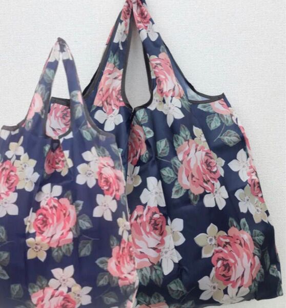 大きめのエコバッグ 折りたたみ 便利 買い物袋エコバック おしゃれ薔薇花柄2個セット プレゼント 大容量 超軽量 収納 レジバッグ