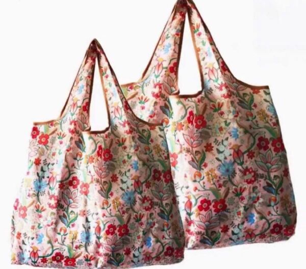 大きめのエコバッグ 折りたたみ 便利 買い物袋エコバック おしゃれ薔薇花柄2個セット プレゼント 大容量 超軽量 収納 レジバッグ
