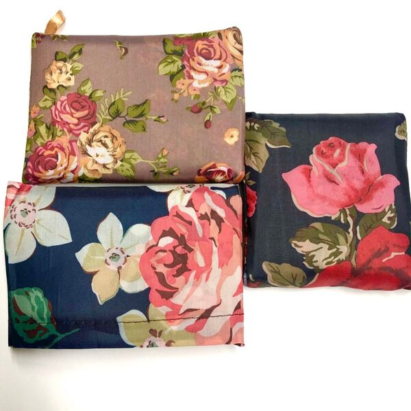 大きめのエコバッグ 折りたたみ 便利 買い物袋エコバック おしゃれ薔薇花柄3個セット プレゼント 大容量 超軽量 収納 レジバッグ