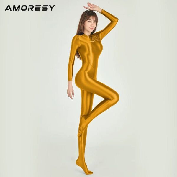 AMORESY 背中ファスナー付き 全身タイツ オイリー ダイビング タイト 競技 スリム フットカバー ゴールド XXXLサイズ