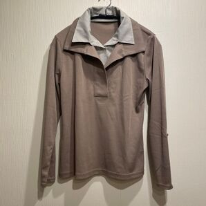 襟付きリブトップス 長袖 ブラウン レイヤード風
