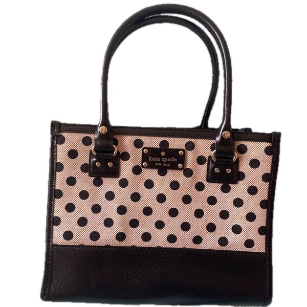 kate spade ドット柄 ハンドバッグ ベージュ/ブラック トートバッグ ケイトスペード 中古 美品希少 キャンバス:革