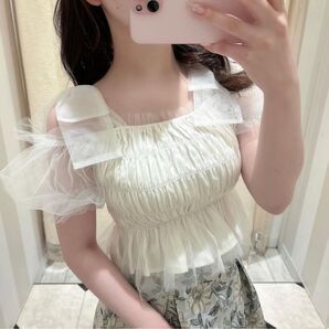 evelyn リボンチュールオフショル グレー ブルー