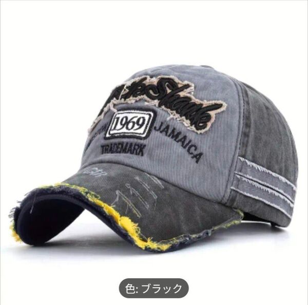 ◆ブラック&イエロー◆メンズ帽子 ダメージ加工 キャップ刺繍野球帽子