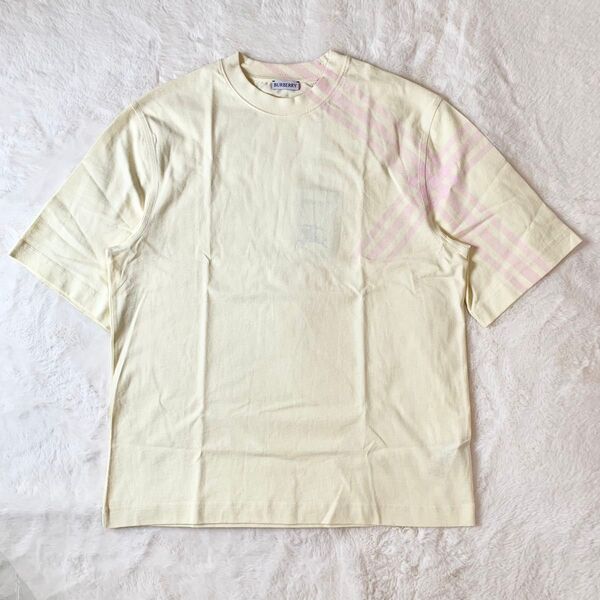 現行 BURBERRY 24SS チェックプリント オーバー Tシャツ 薄黄 M